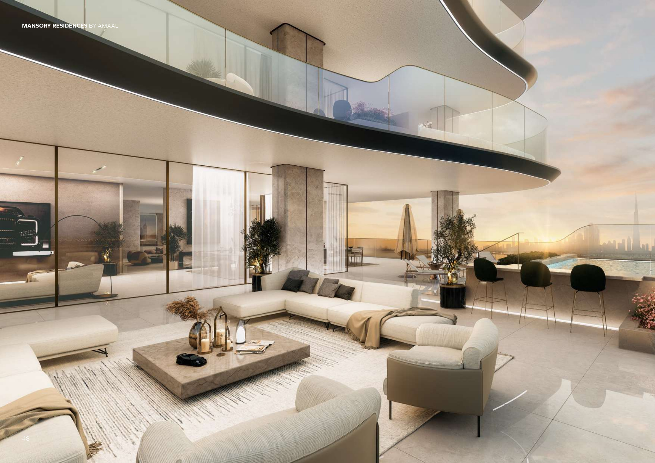 Artist impression of an apartment living room at MANSORY Residences.